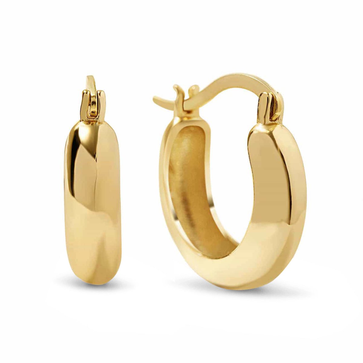 Pair of gold vermeil thick chunky hoop earrings with a hinged closure, on a white background