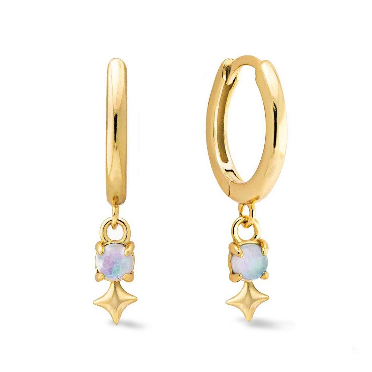 Gold vermeil huggie hoops with light blue opal and a star drop, on a white background