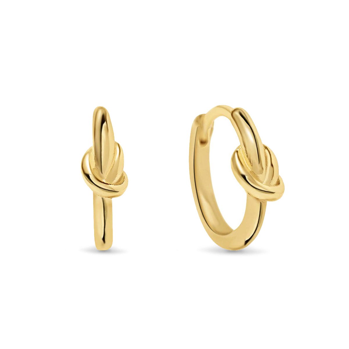 Pair of gold vermeil knot huggie hoop earrings, front and side view on a white background