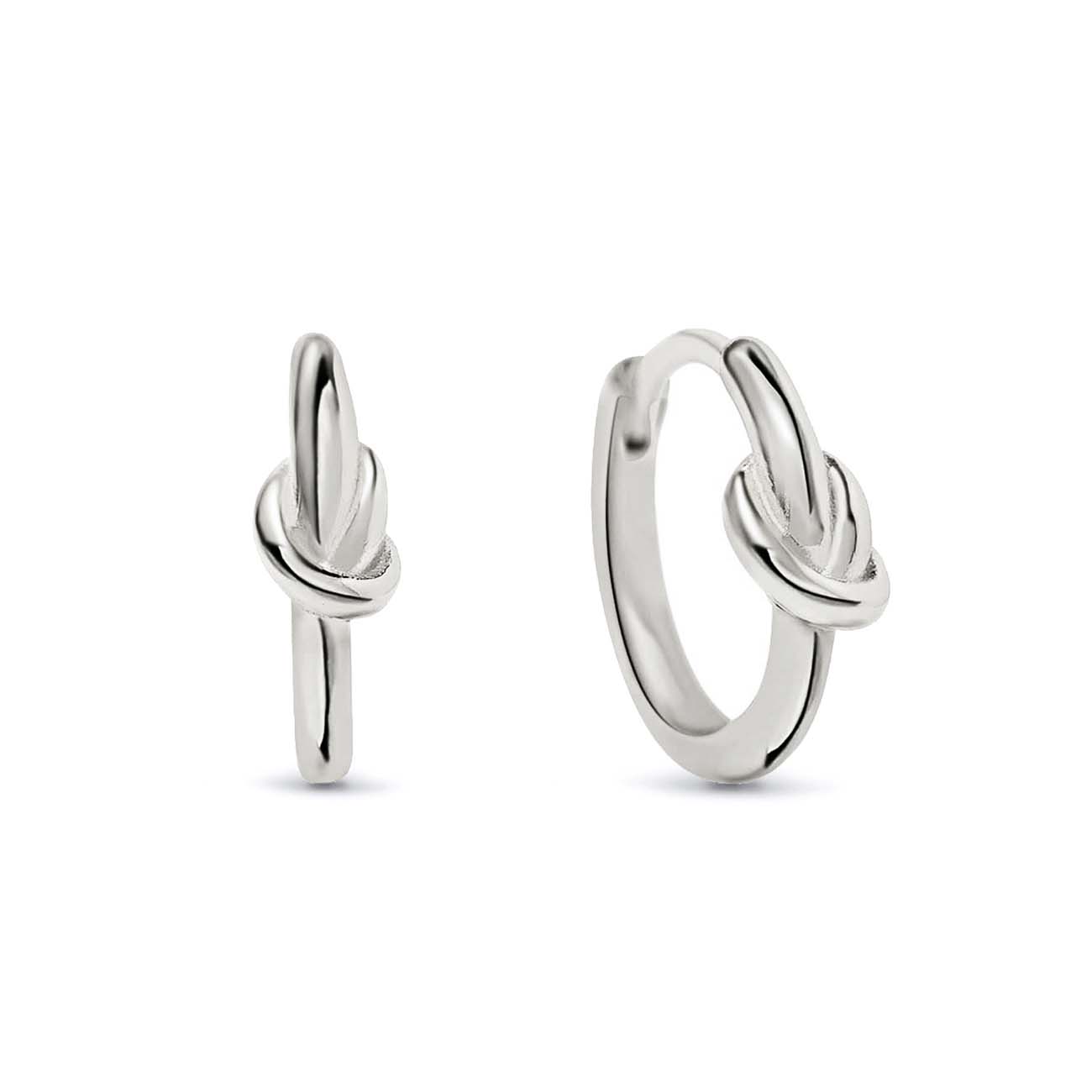 Pair of sterling silver knot huggie hoop earrings, front and side view on a white background