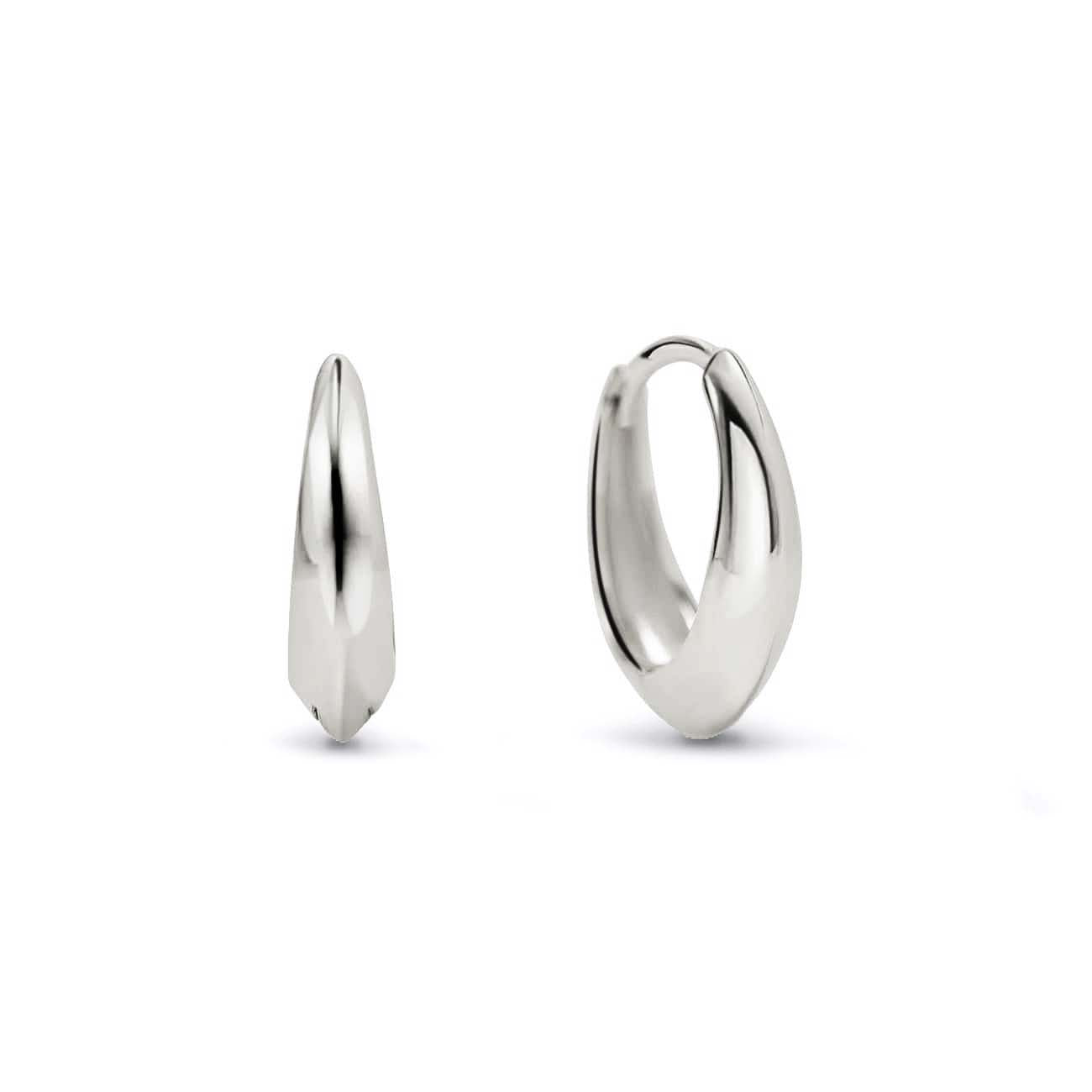 Sterling silver teardrop huggie hoops with a tapered ridge, front and side views on a white background