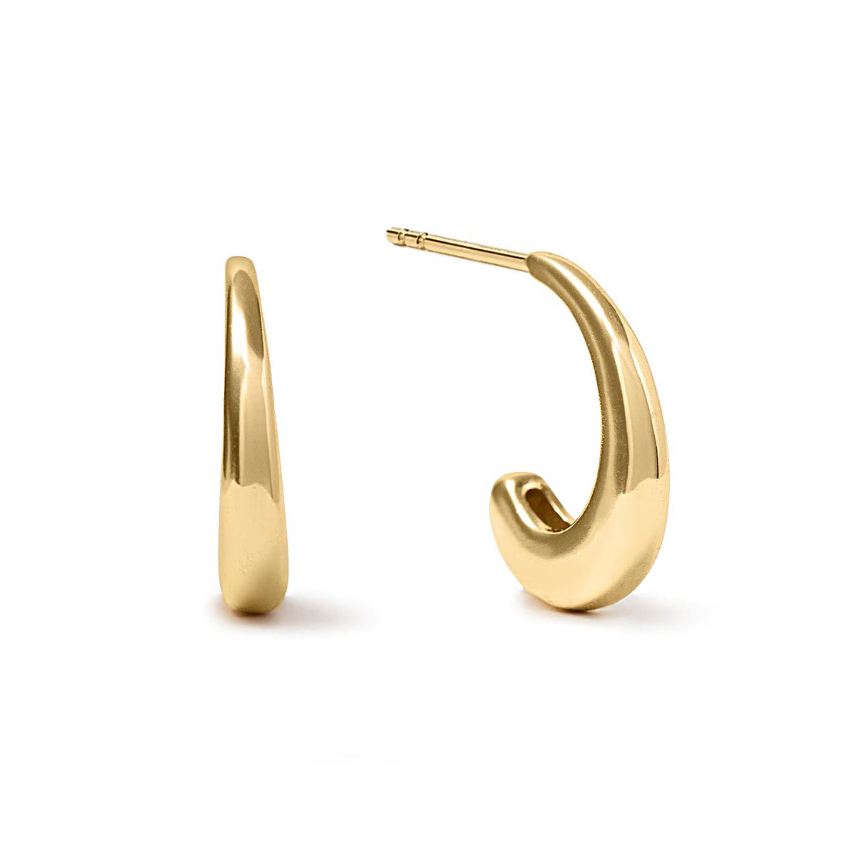 Gold vermeil small J hoop earrings with a smooth tapered curve and post backs, on a white background