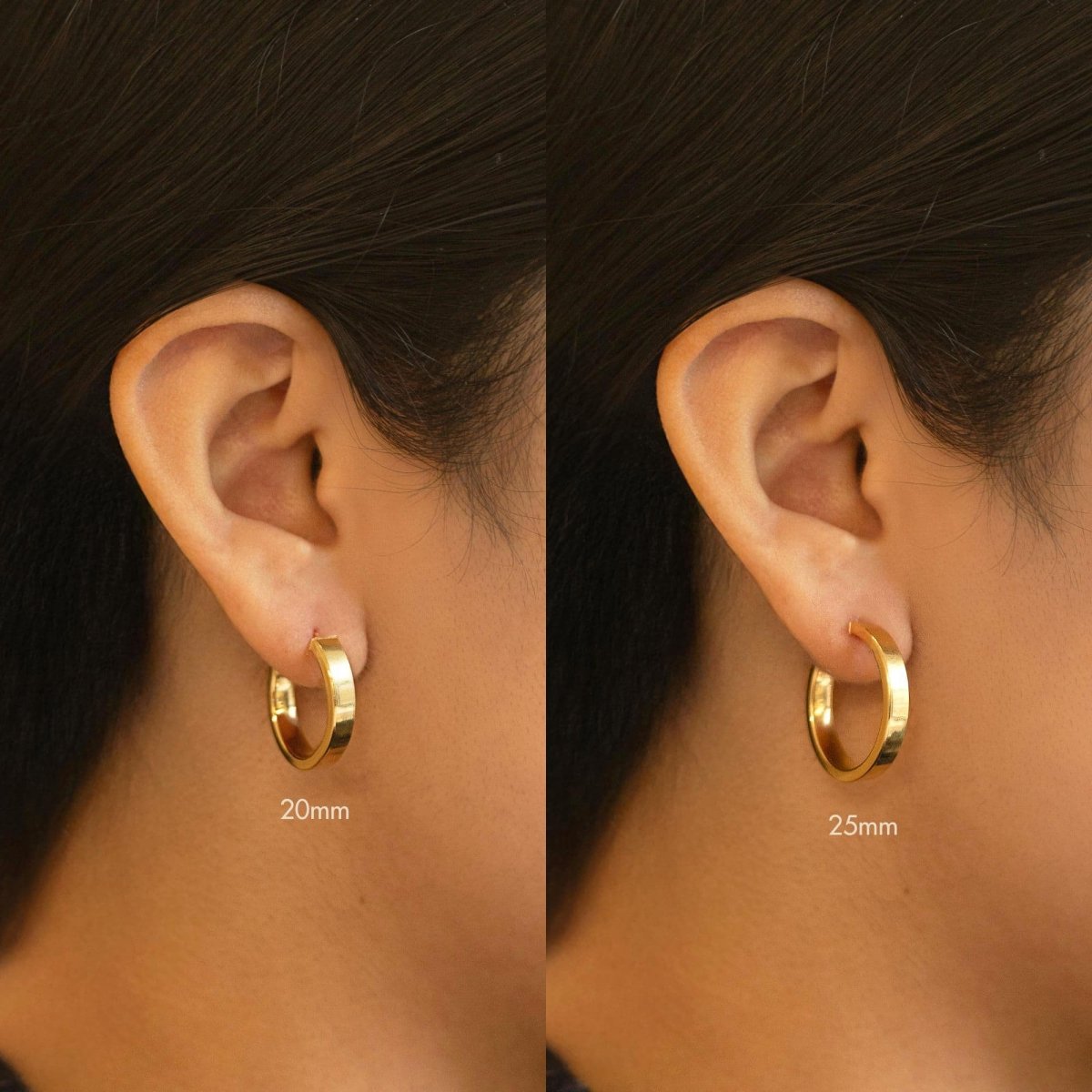 Gold vermeil block hoop earrings size comparison, 20mm and 25mm, shown on a model's lobe