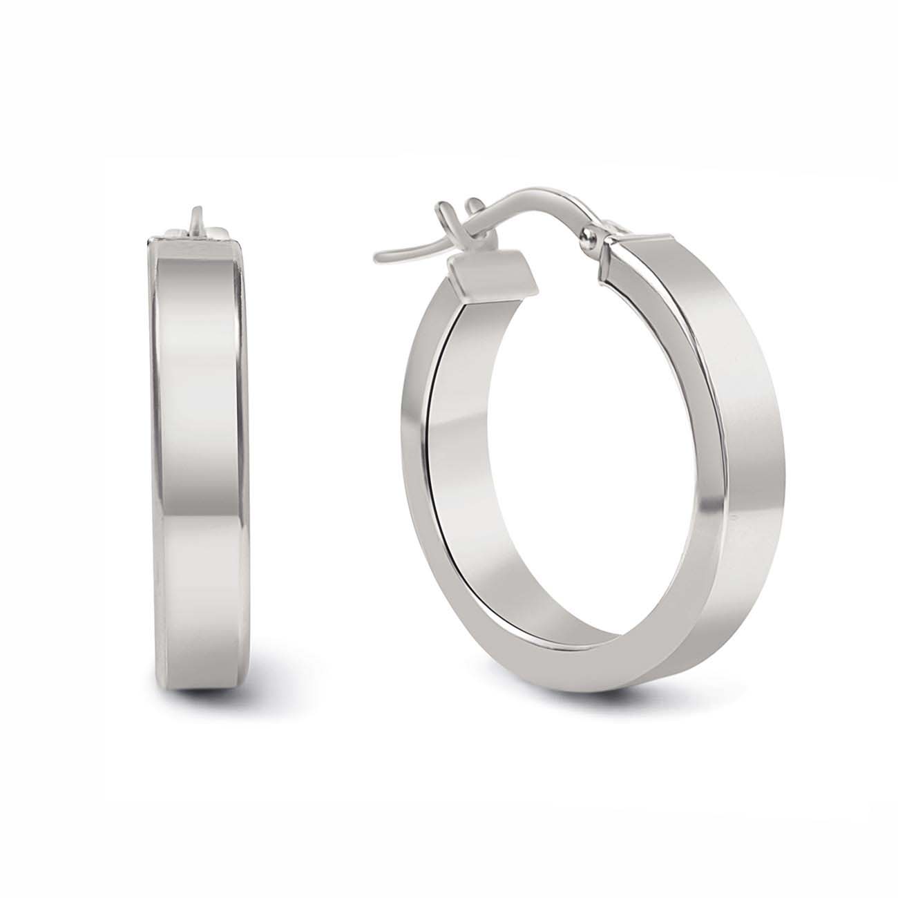 Sterling silver flat square-edge block hoop earrings with a hinged closure, on a white background