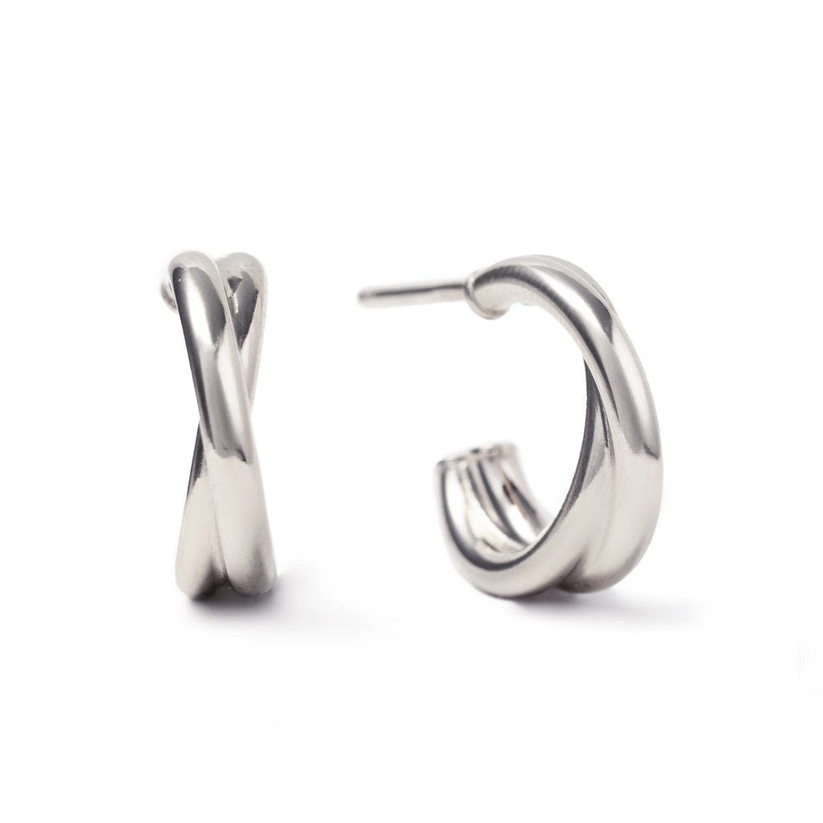 Sterling silver criss cross mini hoops with twisted bands, shown as a pair on a white background