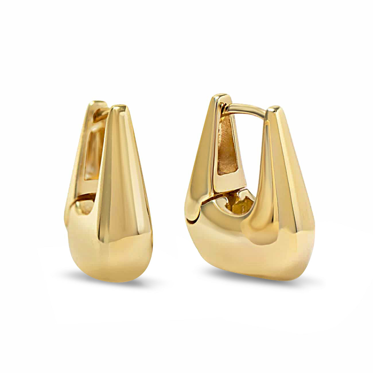 Gold vermeil chunky tapered huggie hoops, shown as a pair on a white background
