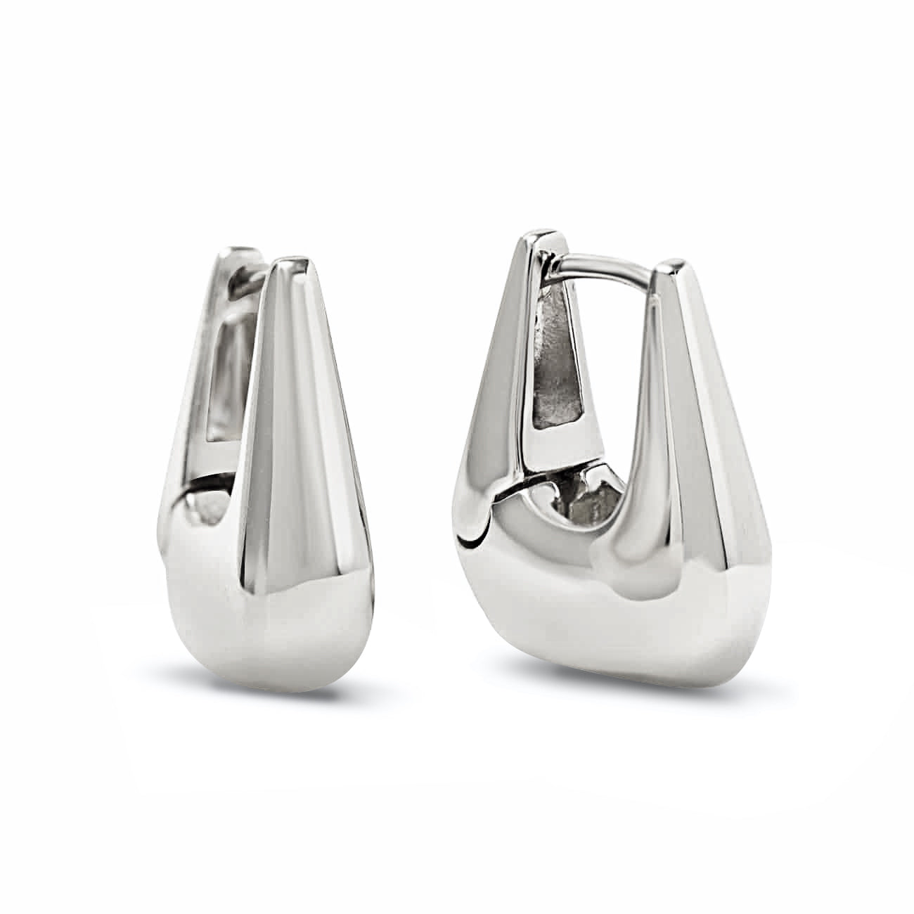 Sterling silver chunky tapered huggie hoops, shown as a pair on a white background
