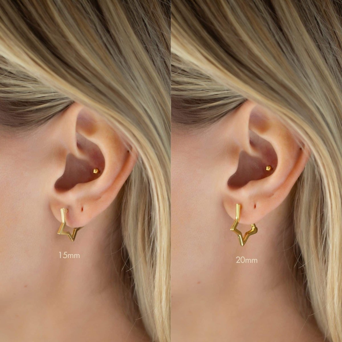 Gold vermeil star-shaped hoop earrings shown on a model's lobe at 15mm and 20mm, size comparison