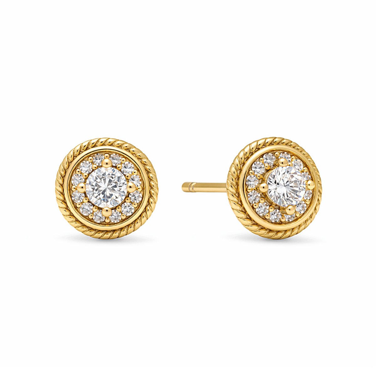 Gold vermeil halo studs with a central white zirconia and roped border, on a white background