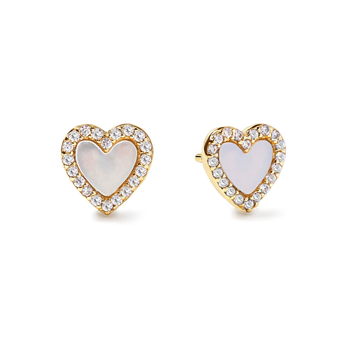 Gold vermeil mother of pearl heart studs with a clear stone halo, on a white background