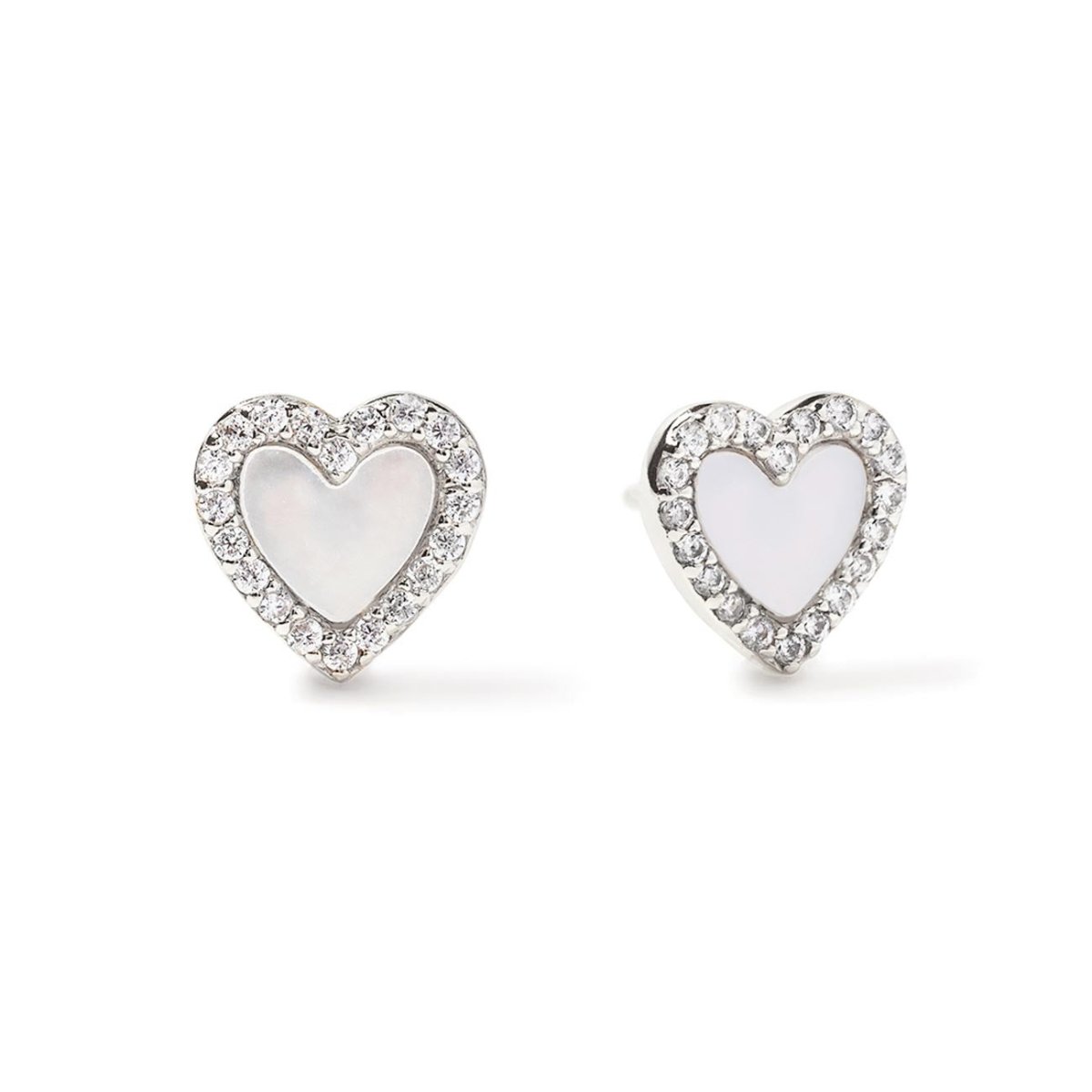 Sterling silver mother of pearl heart studs with a clear stone halo, on a white background