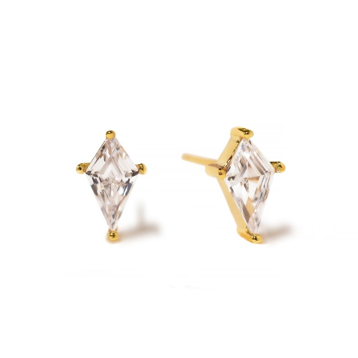 Pair of gold vermeil kite-shaped clear crystal stud earrings, front and side view on a white background