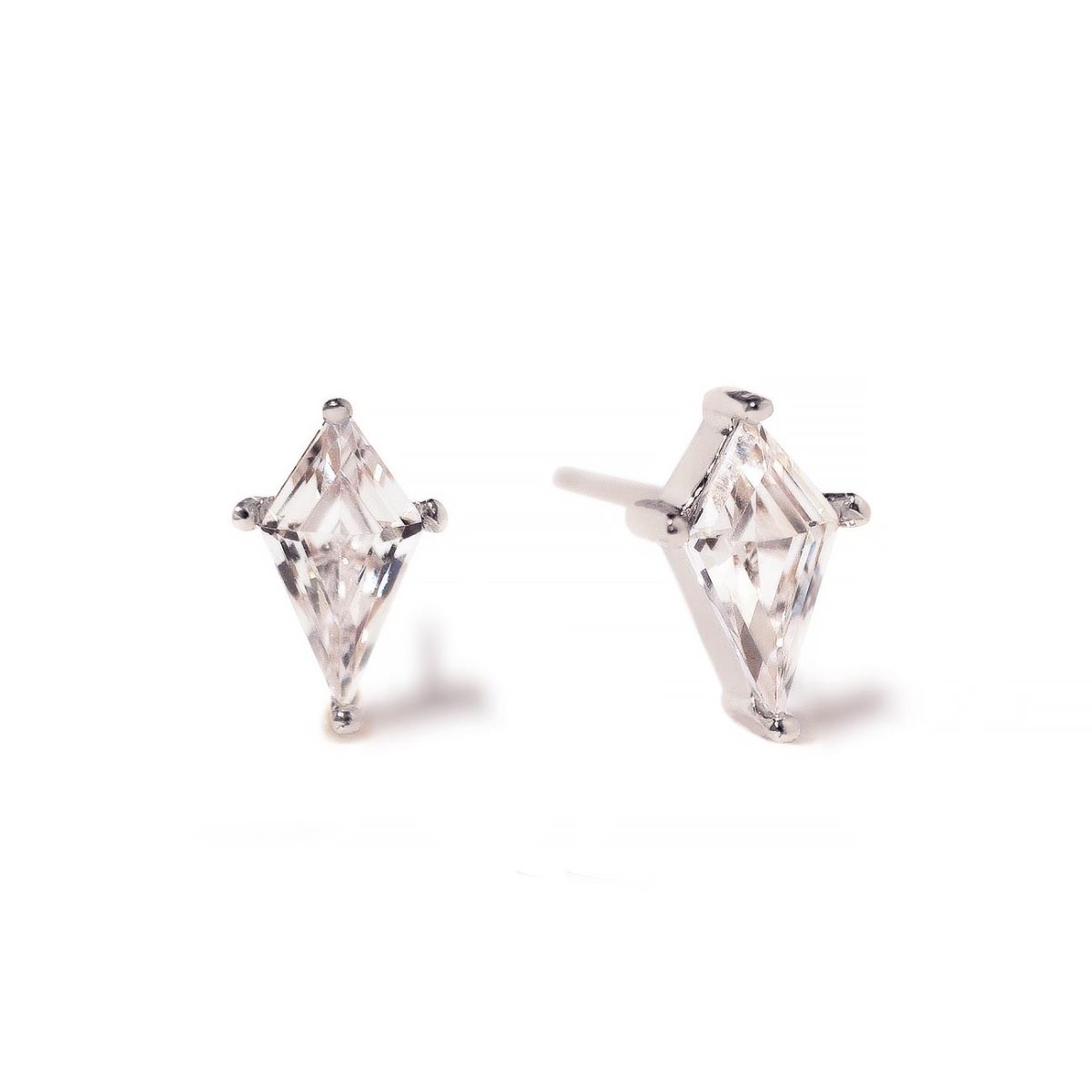Pair of sterling silver kite-shaped clear crystal stud earrings, front and side view on a white background