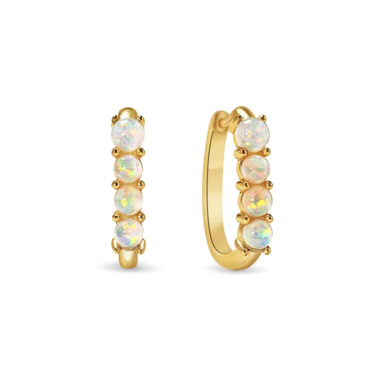 Gold vermeil U-shaped huggie hoops set with four white opal stones, on a white background