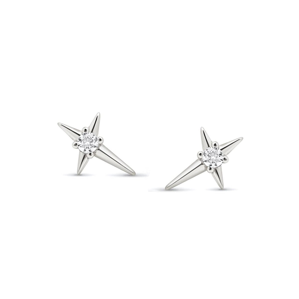 Sterling silver four-point star studs with a round clear stone center, on a white background