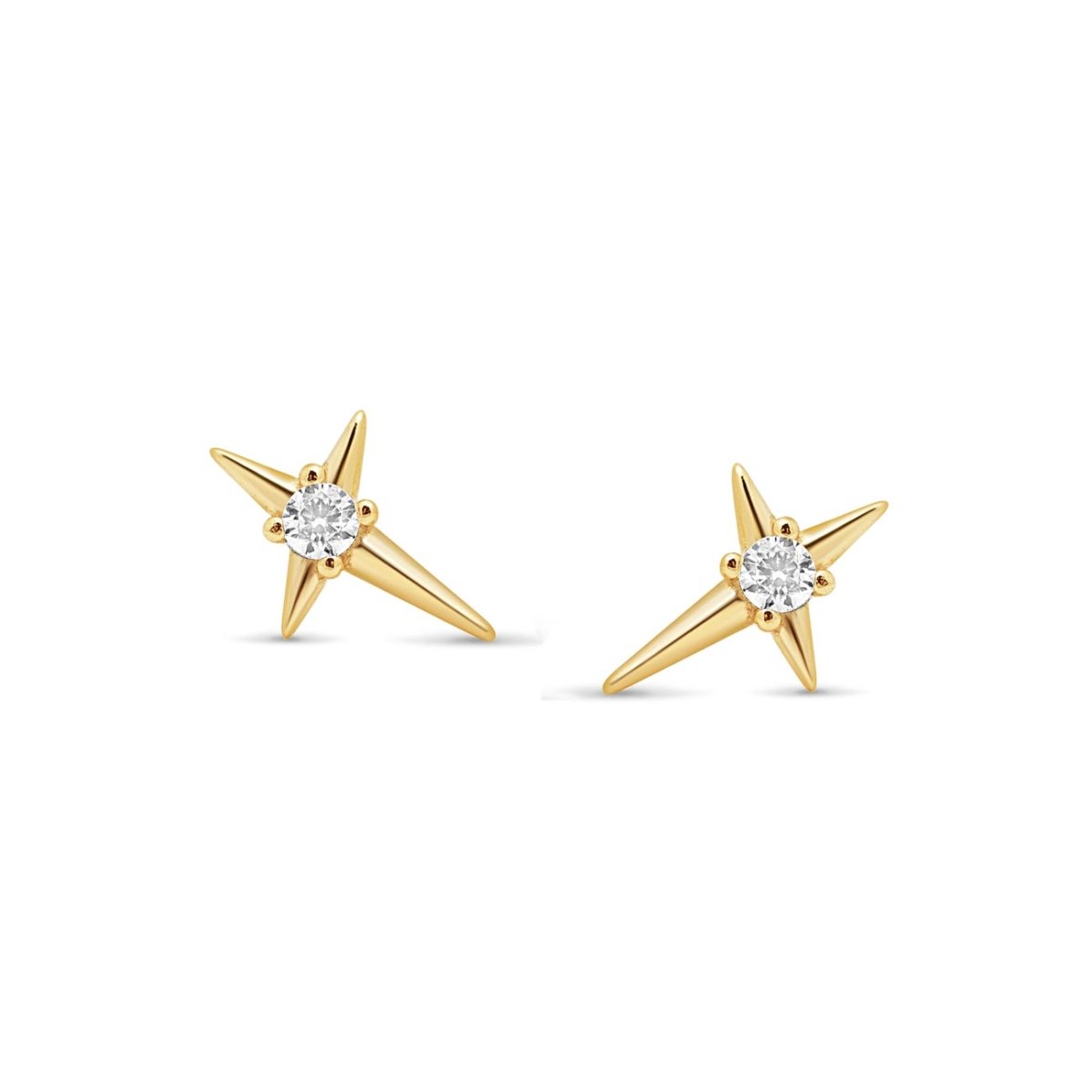 Gold vermeil four-point star studs with a round clear stone center, on a white background