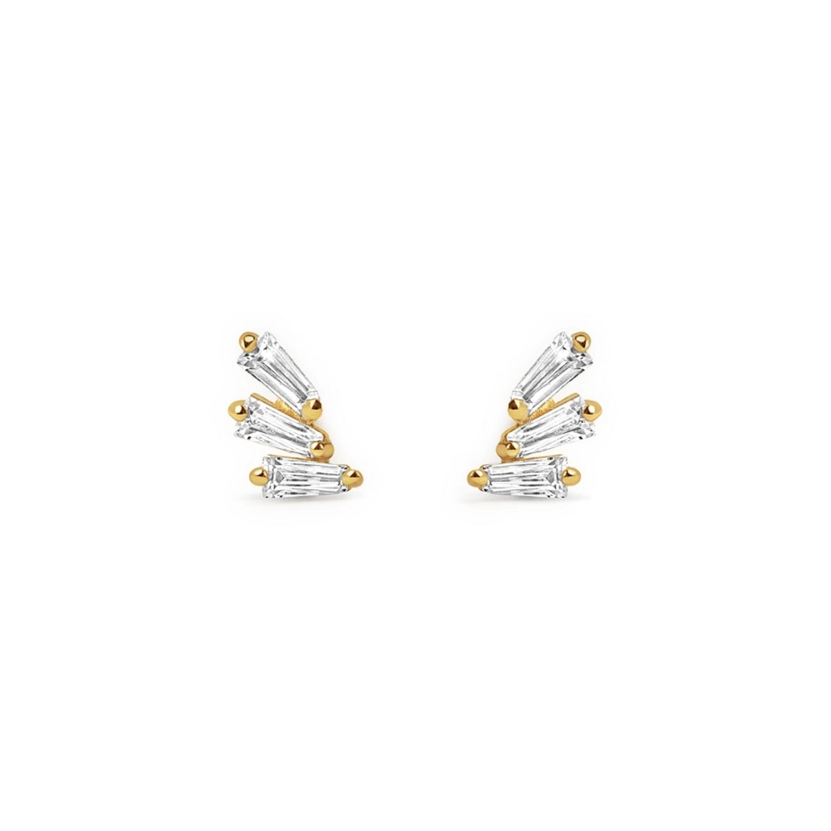 Gold vermeil stud earrings with fanned clear baguette stones, on a white background