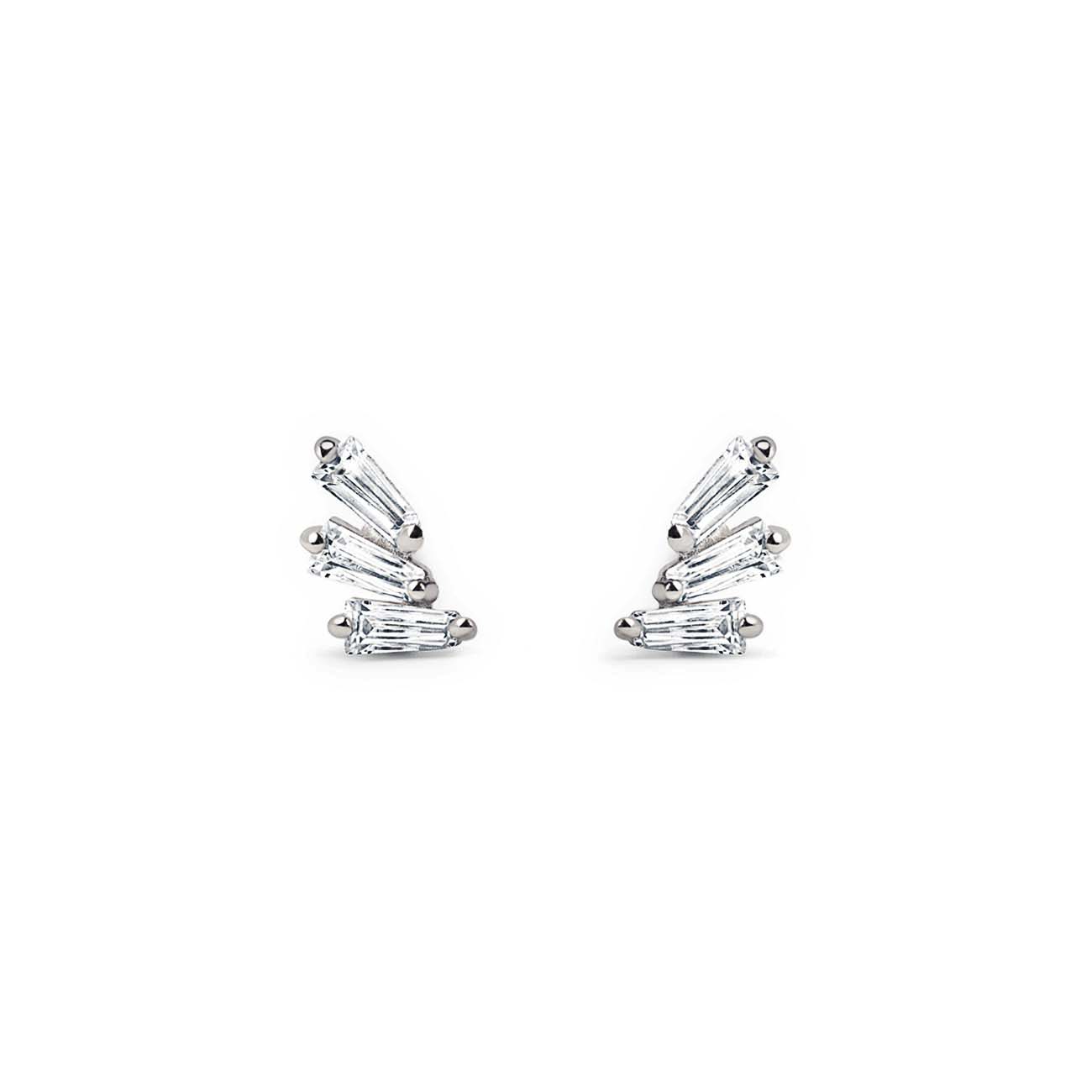 Sterling silver stud earrings with fanned clear baguette stones, on a white background