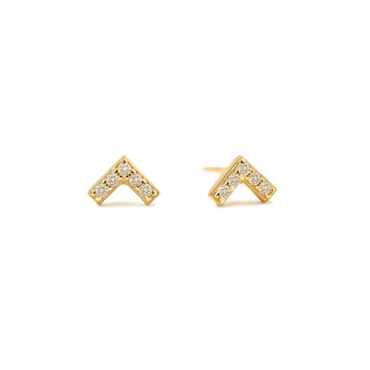 Gold vermeil chevron stud earrings pavé-set with clear stones, on a white background