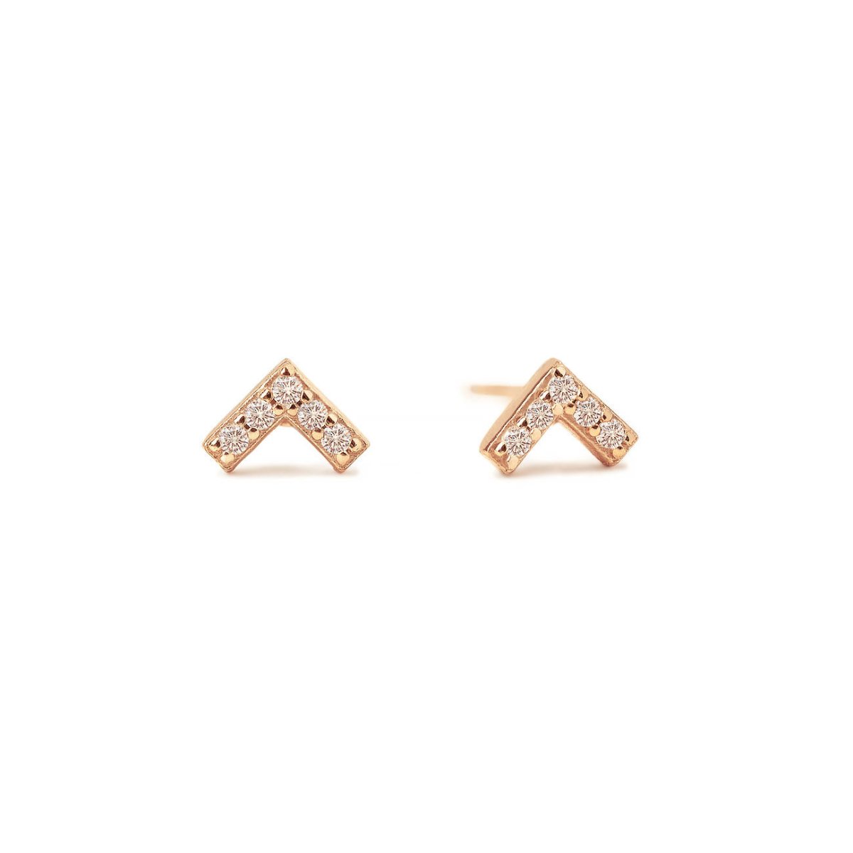 Rose gold vermeil chevron stud earrings pavé-set with clear stones, on a white background