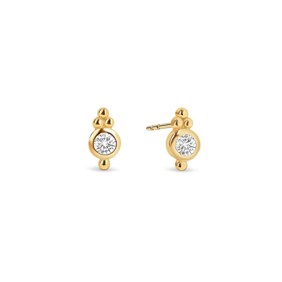 Gold vermeil bezel stud earrings with a round clear zirconia and beaded accents, on a white background