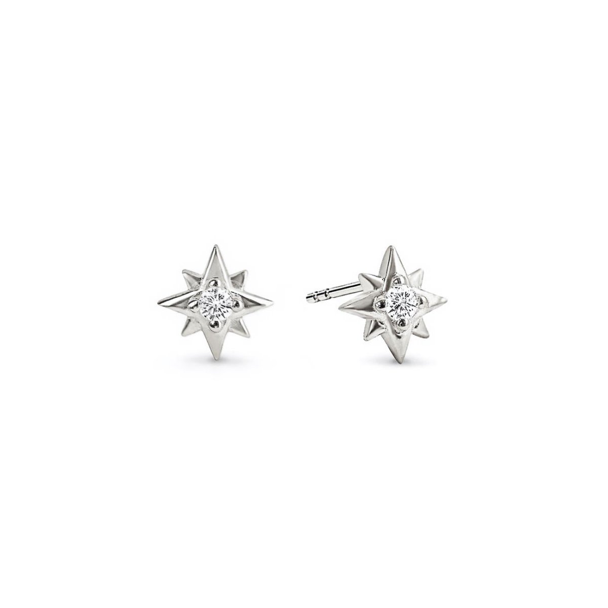 Pair of sterling silver six-point star studs with white zirconia center stones, on a white background