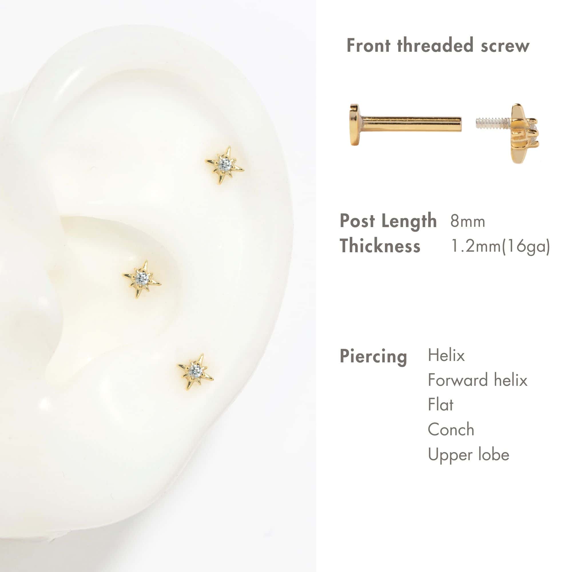 Starburst studs with clear zirconia on an ear model, plus screw post and piercing placement chart