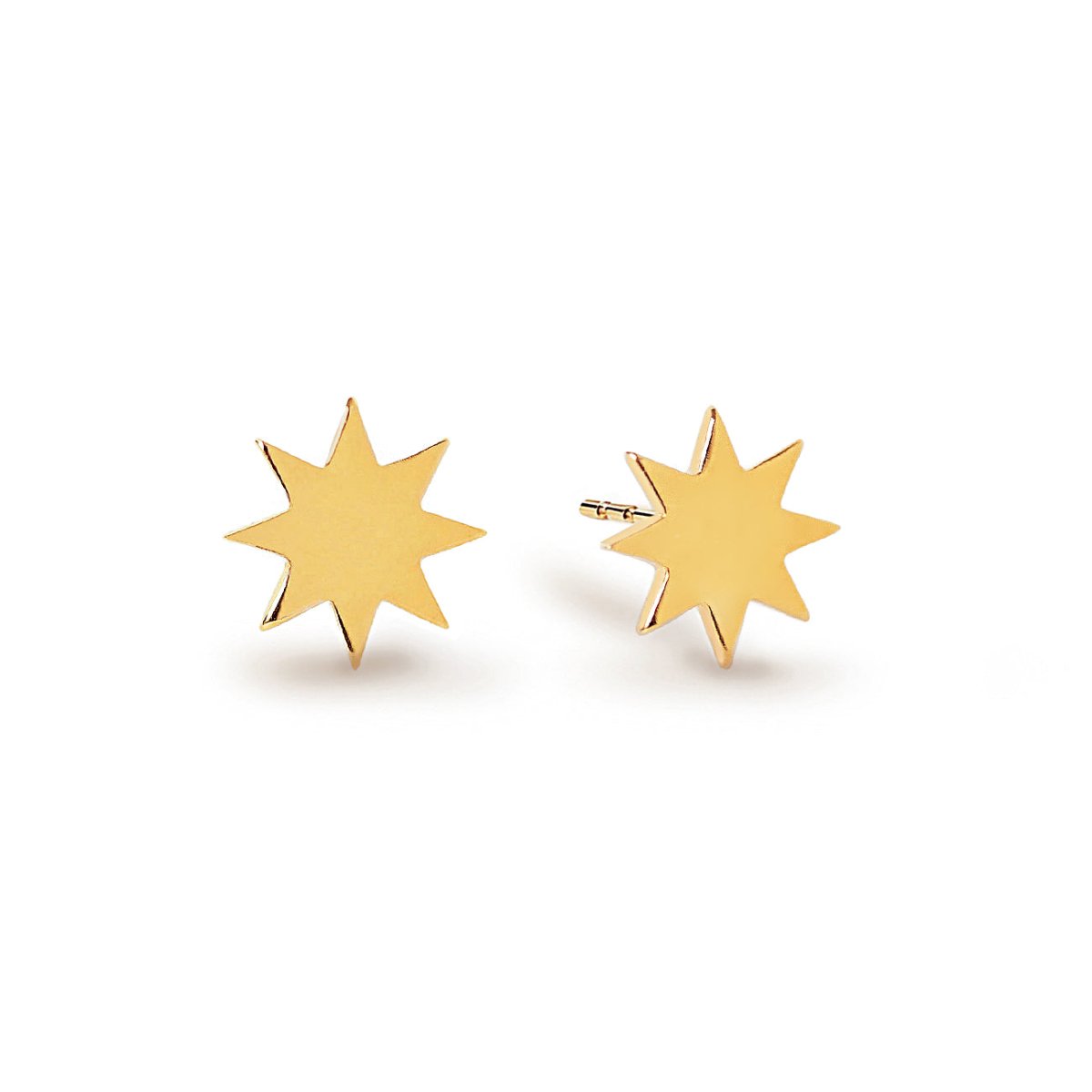 Pair of gold vermeil sunburst star stud earrings shown front and side, on a white background