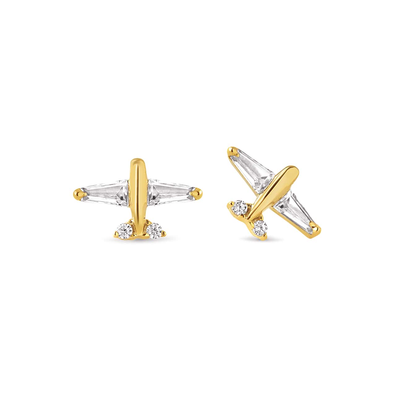 Gold vermeil airplane studs with clear baguette-wing and small round stones, two angles, on a white background