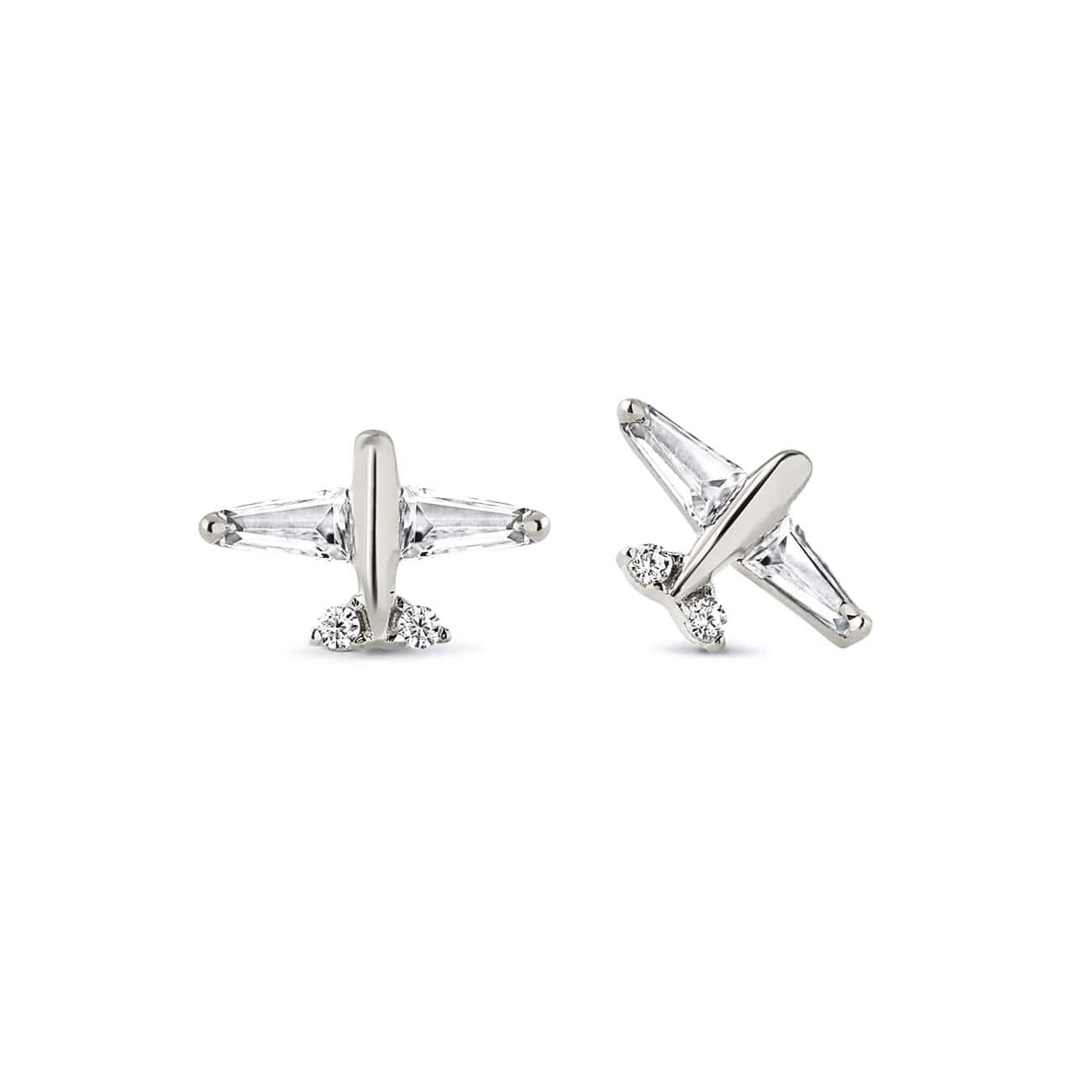 Sterling silver airplane studs with clear baguette wings and small round stones, two angles, on a white background