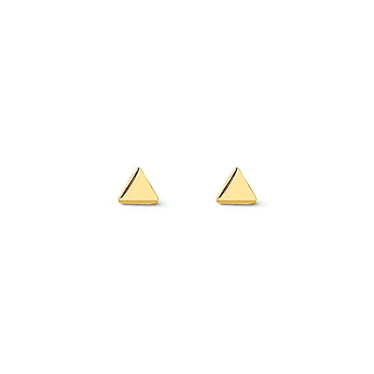 Gold vermeil tiny triangle studs with a polished flat face, on a white background