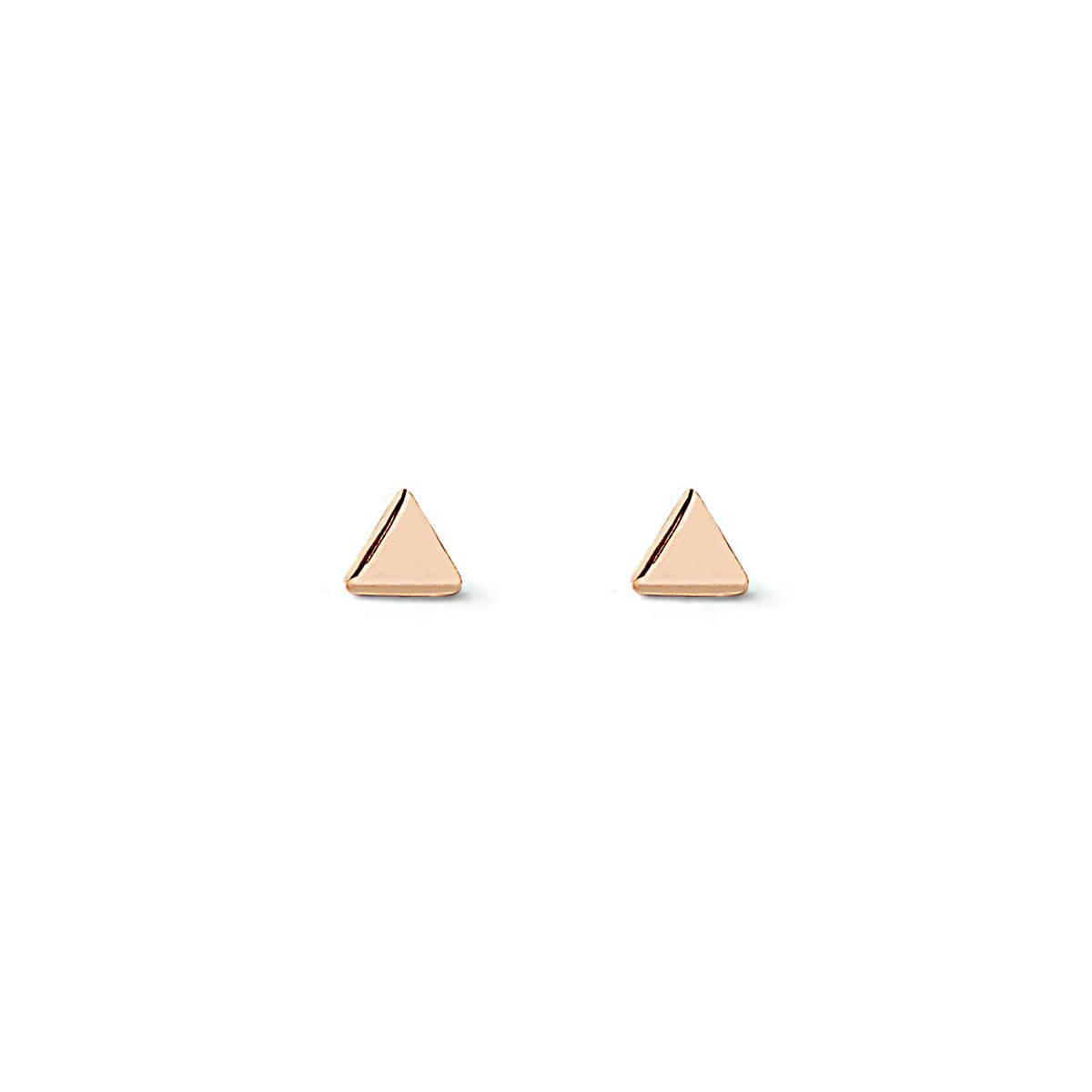Rose gold vermeil tiny triangle studs with a polished flat face, on a white background