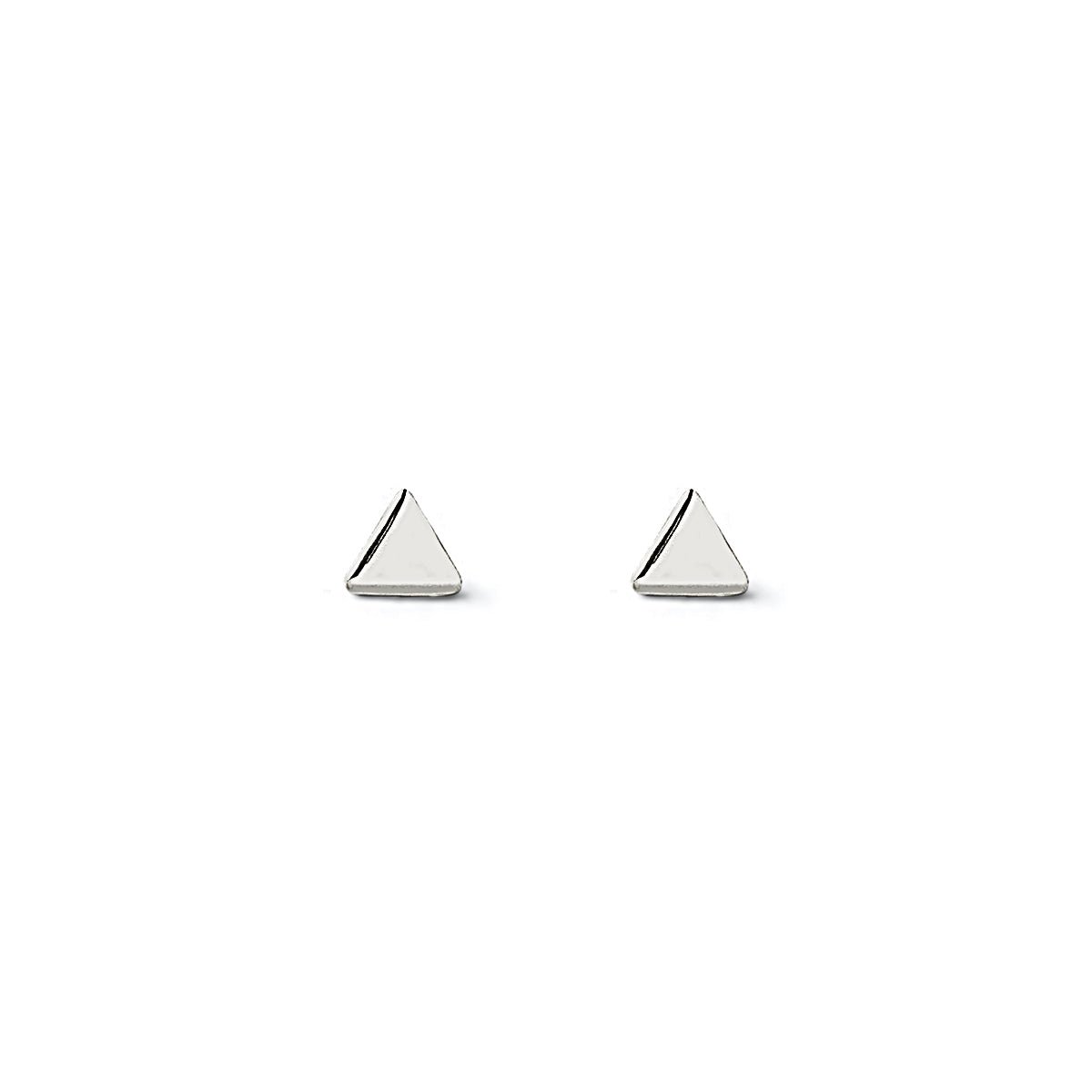 Sterling silver tiny triangle studs with a polished flat face, on a white background