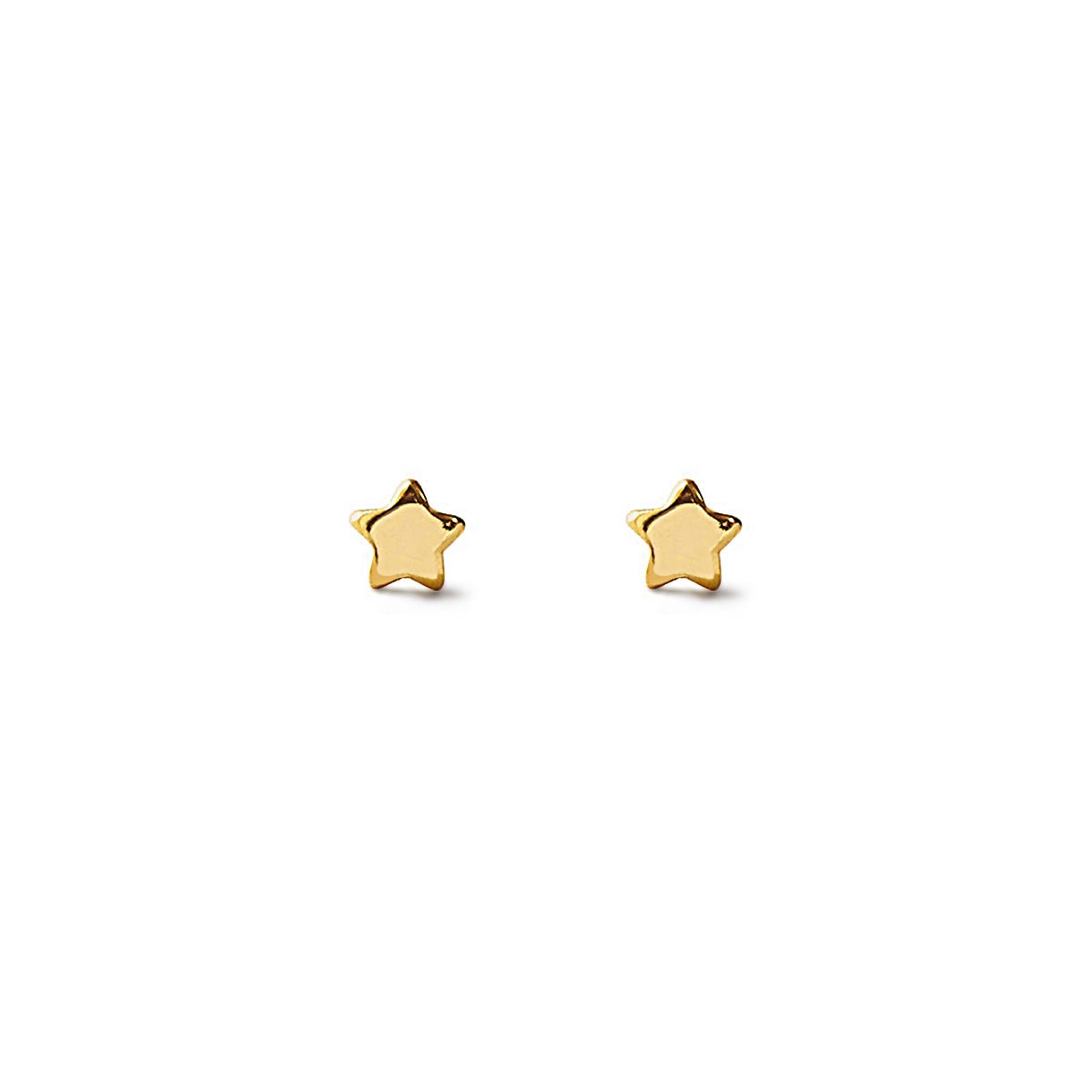 Gold vermeil tiny star stud earrings with polished flat stars, on a white background