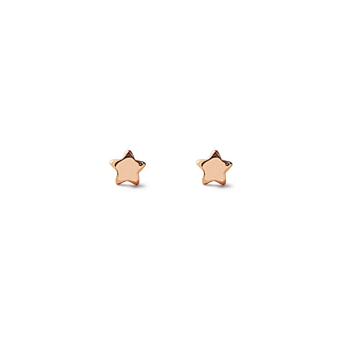 Rose gold vermeil tiny star stud earrings with polished flat stars, on a white background