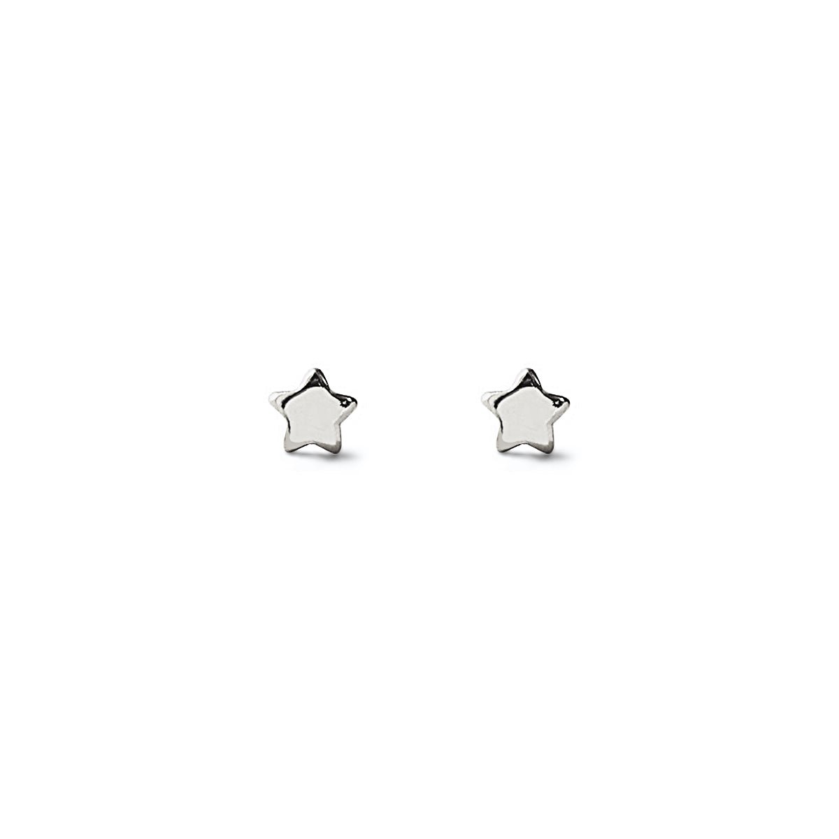 Sterling silver tiny star stud earrings with polished flat stars, on a white background