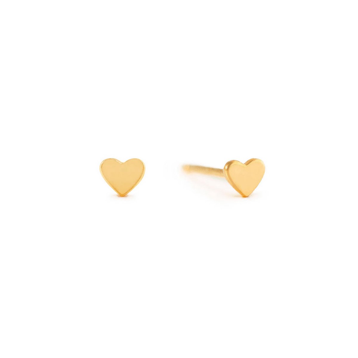 Pair of gold vermeil tiny heart studs with flat heart tops, on a white background