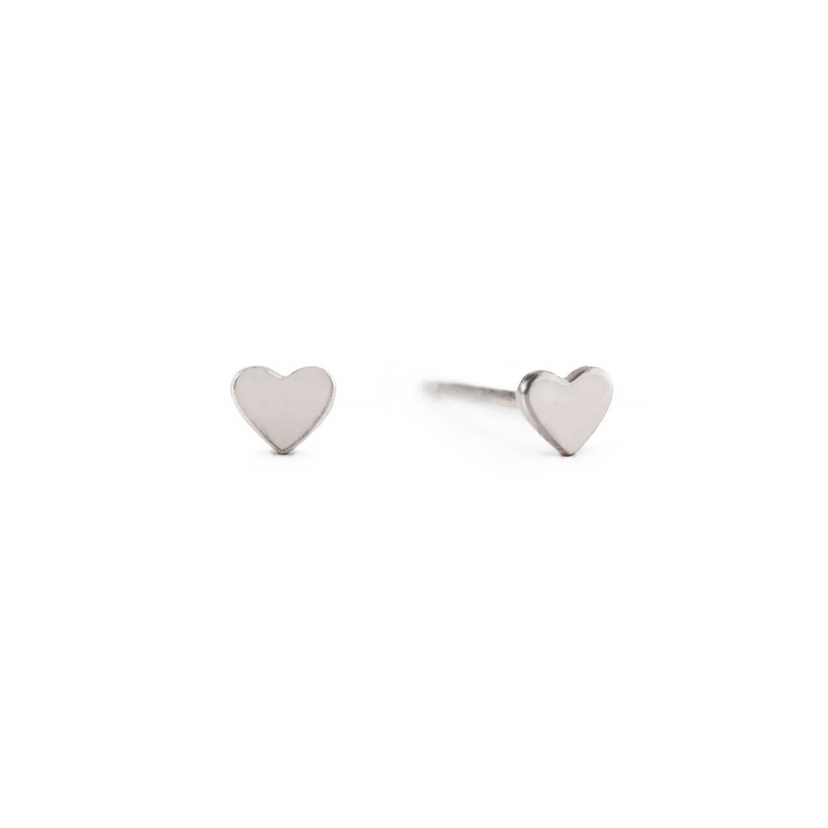 Sterling silver tiny heart stud earrings shown as a pair on a white background