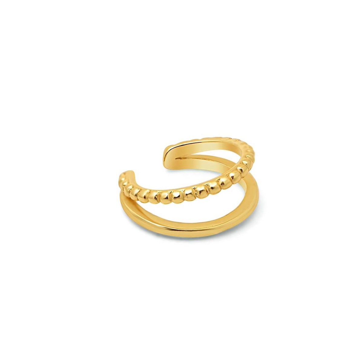 Gold vermeil double row ear cuff with one beaded band and one plain band, on a white background