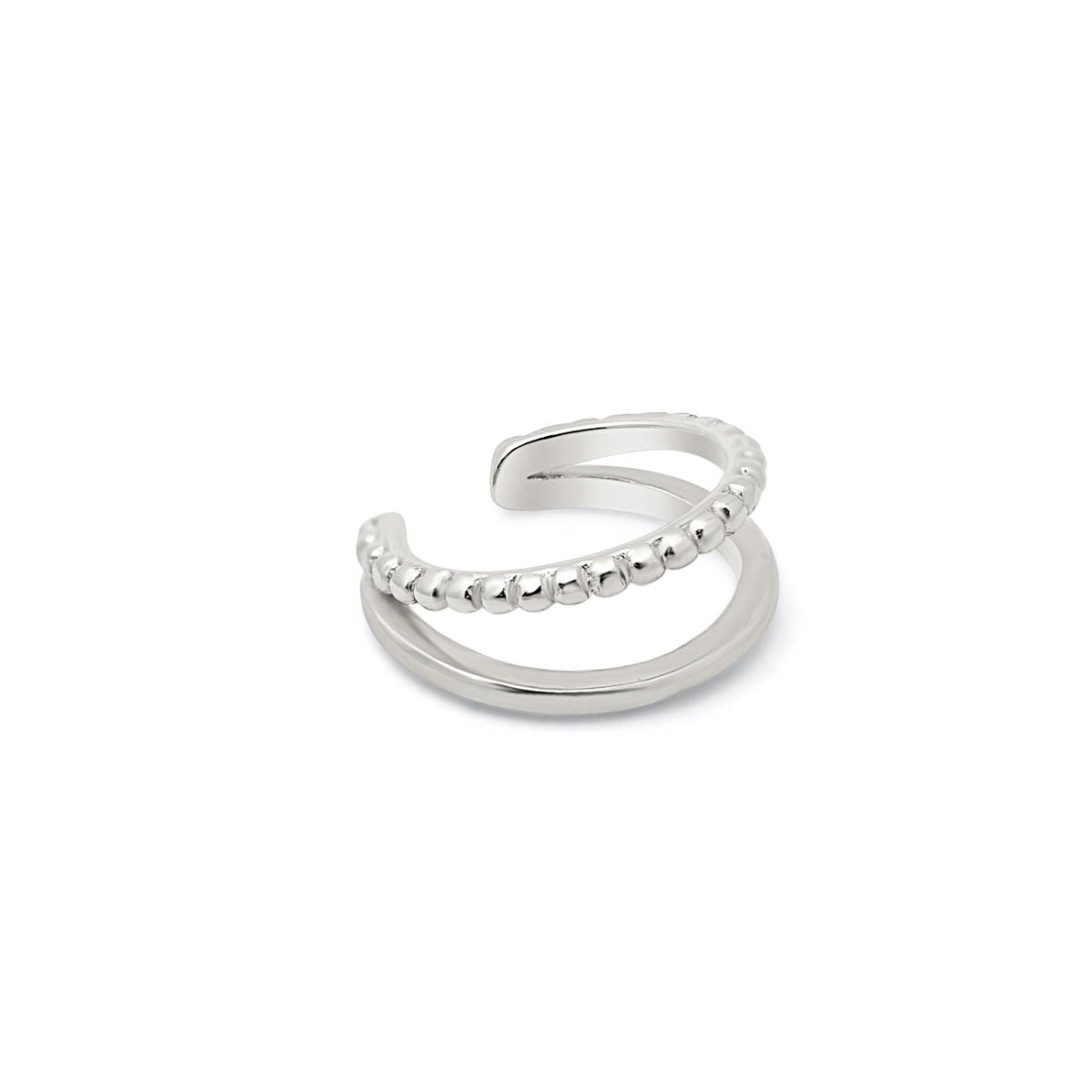 Sterling silver double row ear cuff with one beaded band and one plain band, on a white background