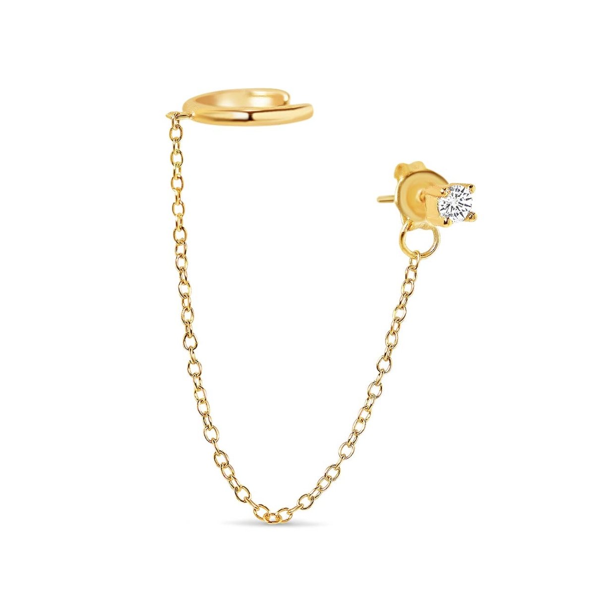 Gold vermeil ear cuff linked by chain to a white zirconia stud, on a white background