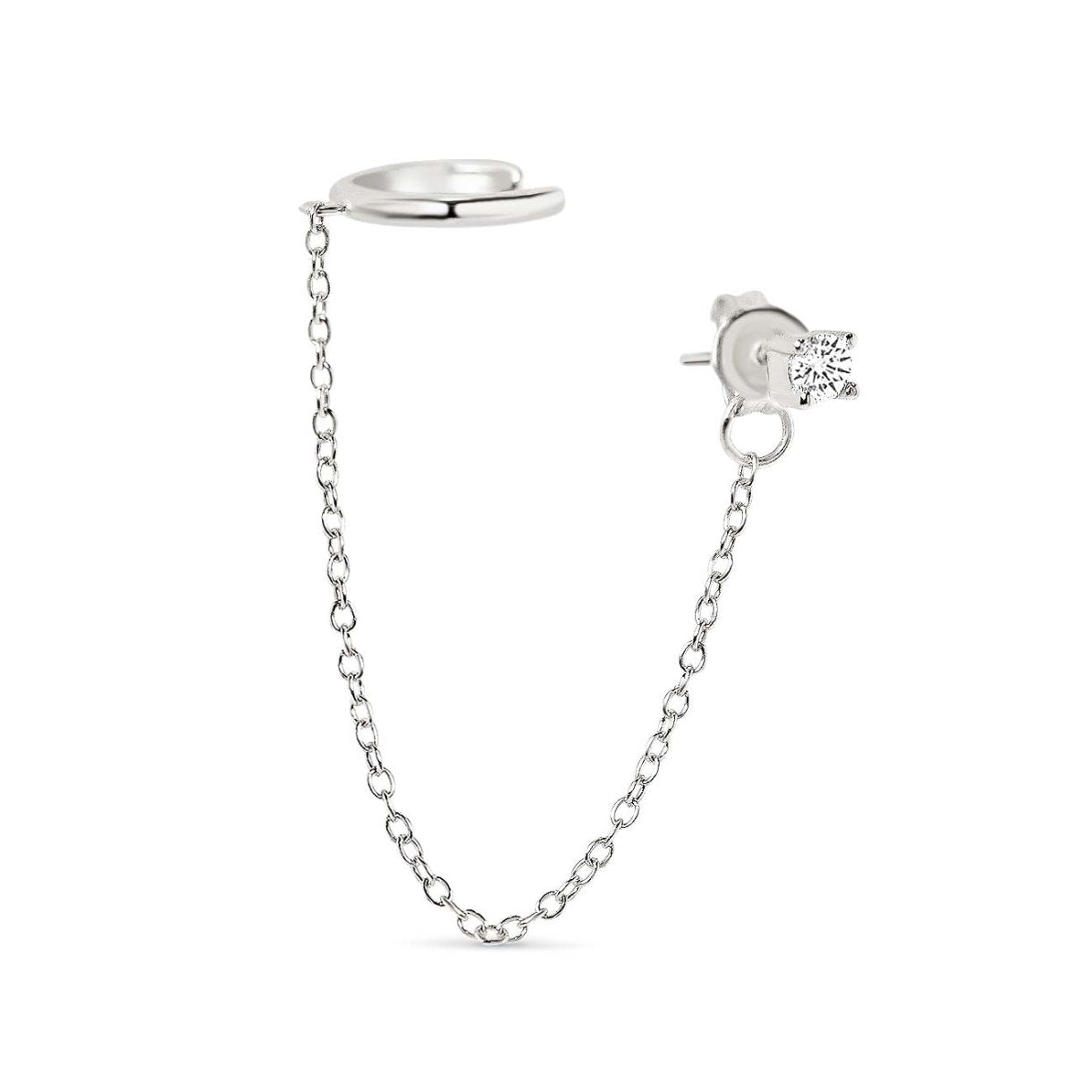 Sterling silver ear cuff linked by chain to a white zirconia stud, on a white background