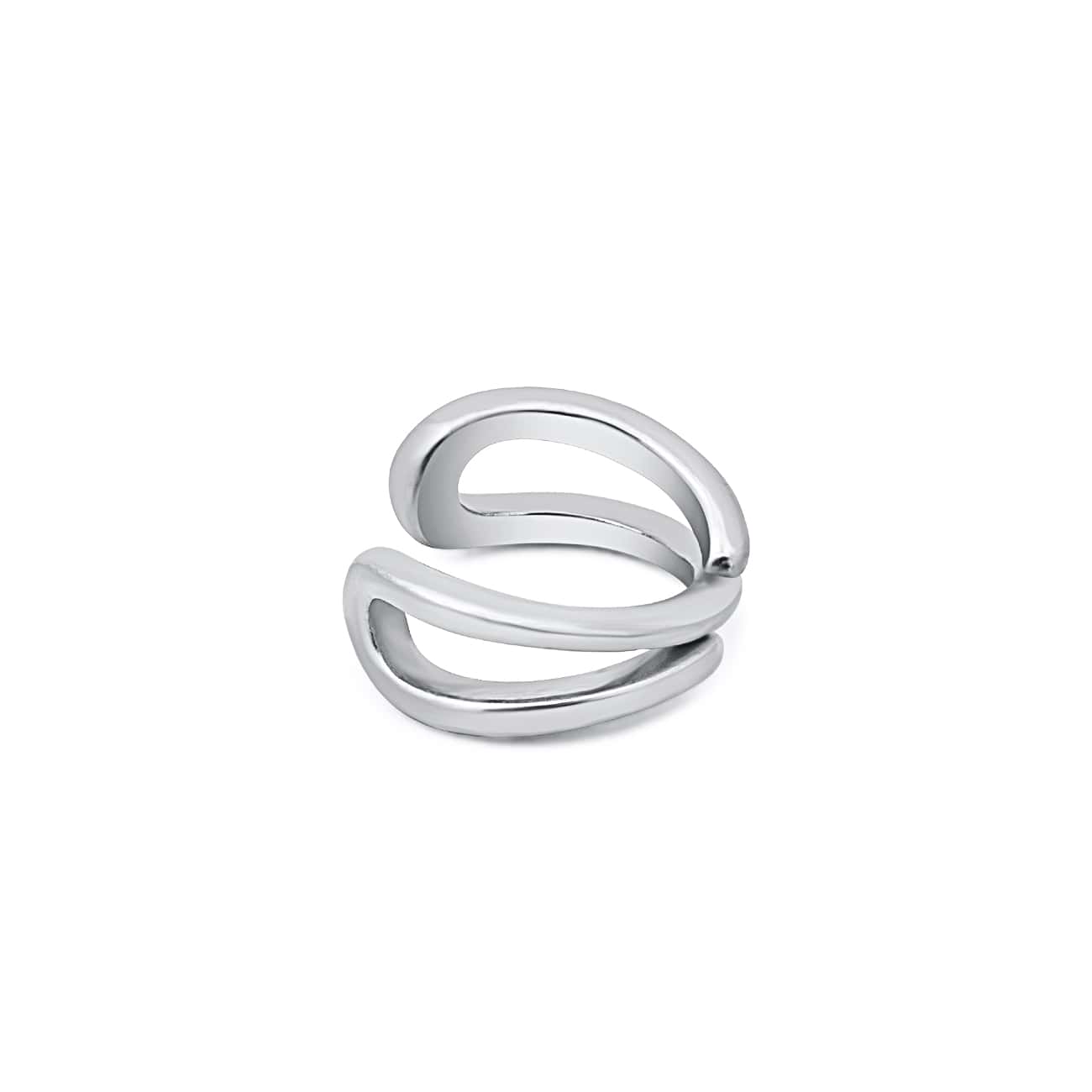Sterling silver double-band criss-cross ear cuff on a white background