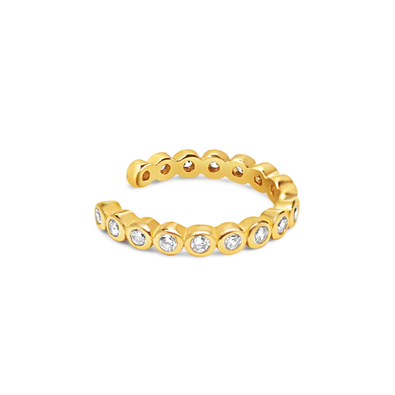 Gold vermeil ear conch cuff lined with round white zirconia, on a white background