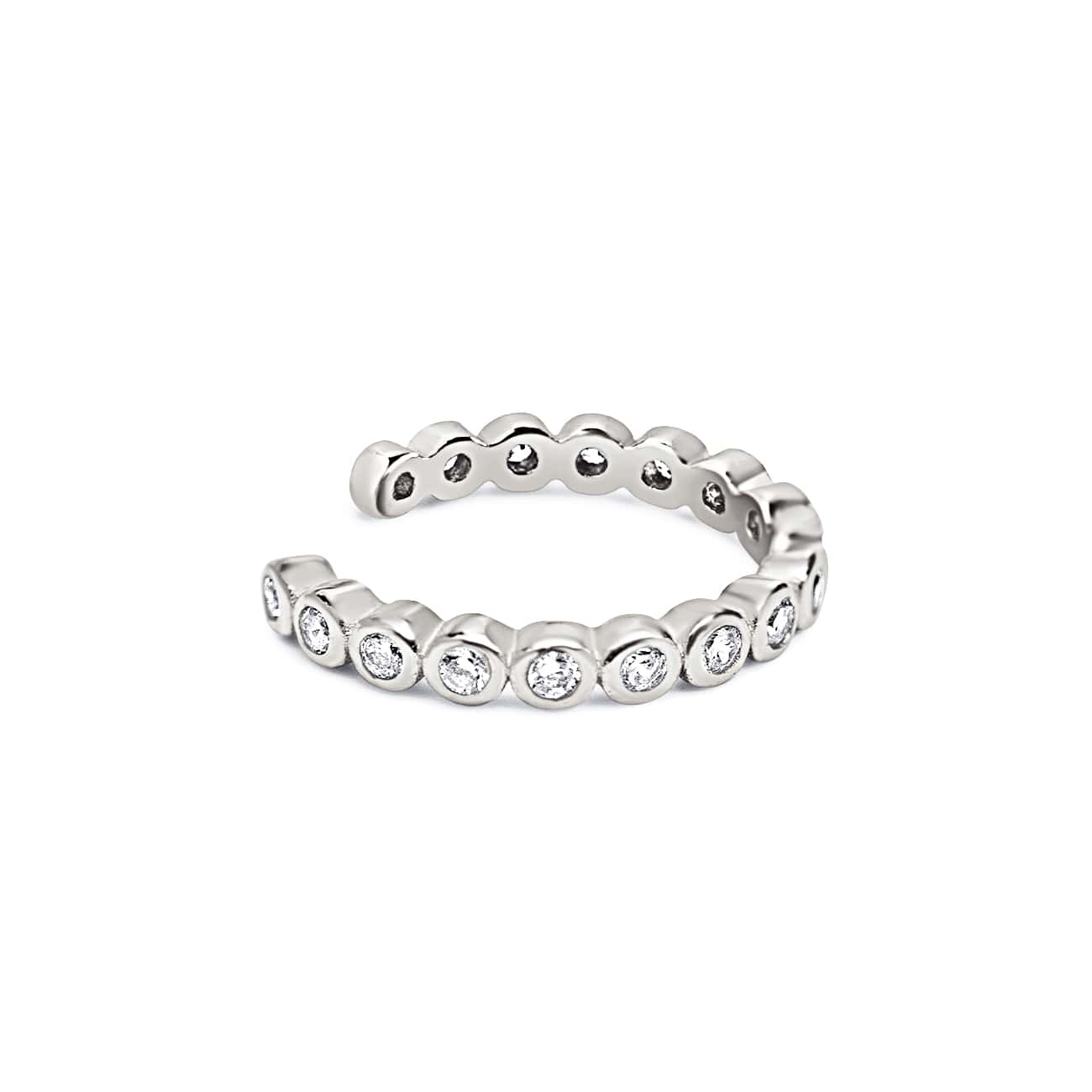 Sterling silver ear conch cuff lined with round white zirconia, on a white background