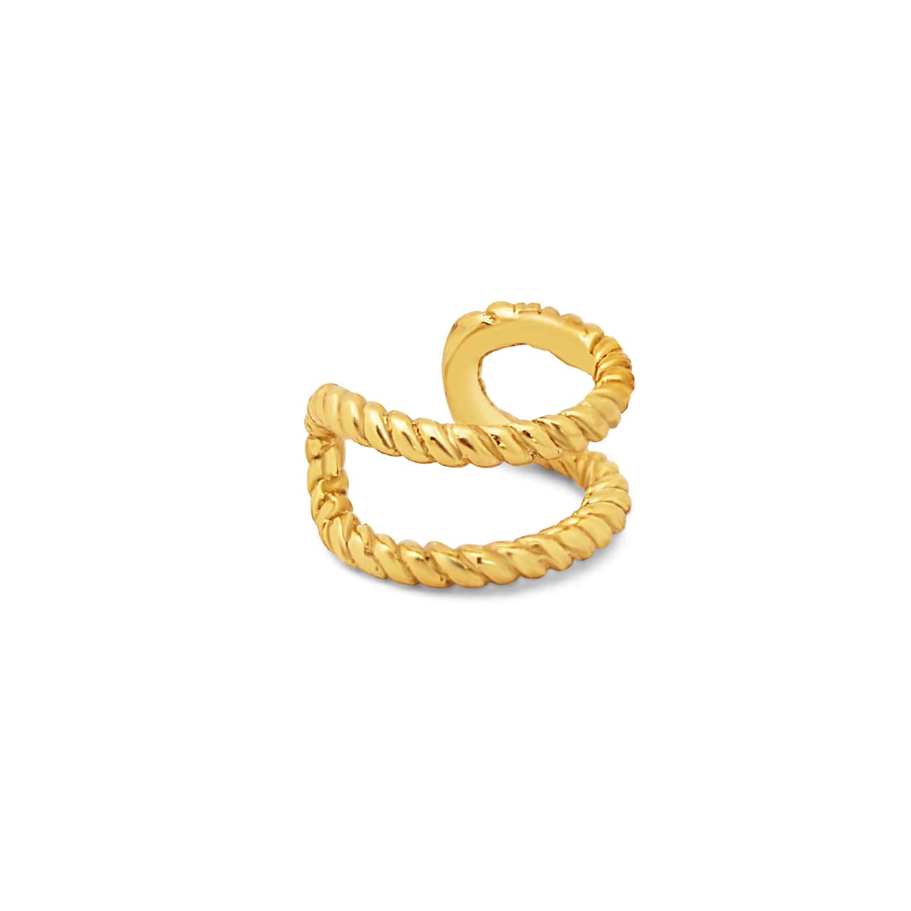 Gold vermeil double rope ear cuff with a twisted wrap design, on a white background