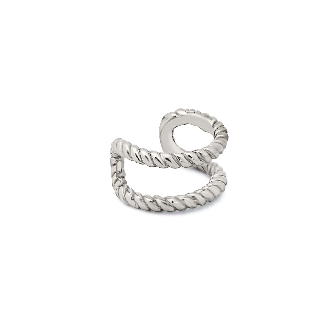 Sterling silver double rope ear cuff with a twisted wrap design, on a white background