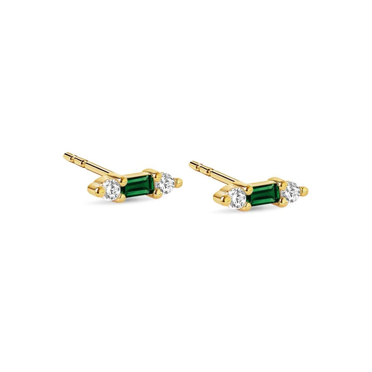 Gold vermeil tiny baguette studs with a green stone flanked by two clear stones, on a white background