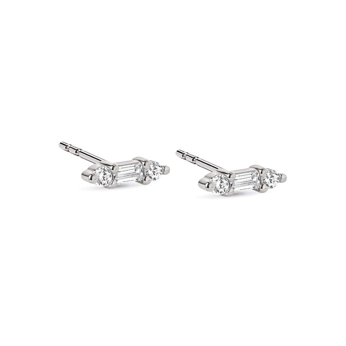 Pair of sterling silver bar studs with a clear baguette and two round stones, on a white background