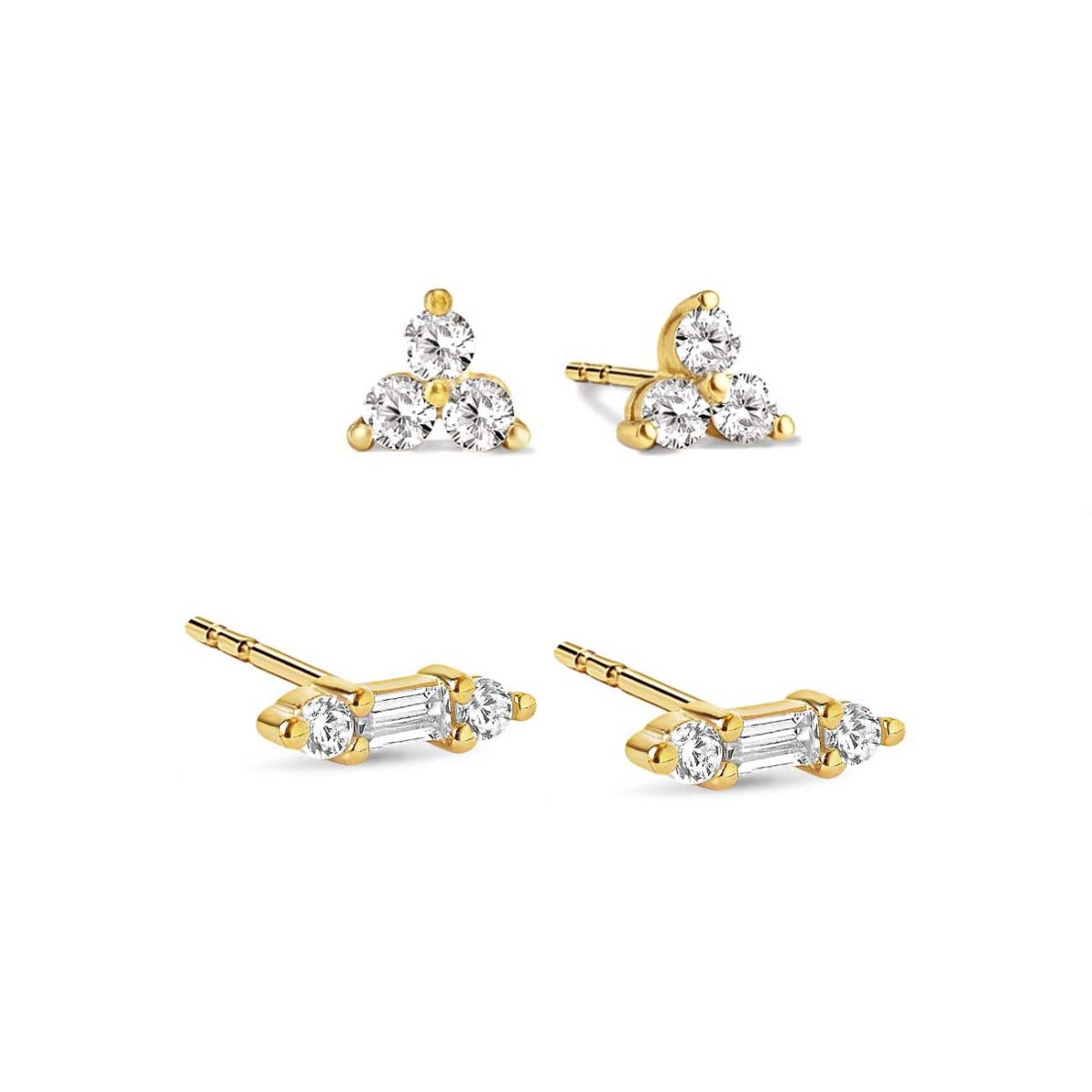 Gold vermeil stud set on a white background: a trio cluster pair and a clear zirconia baguette bar pair